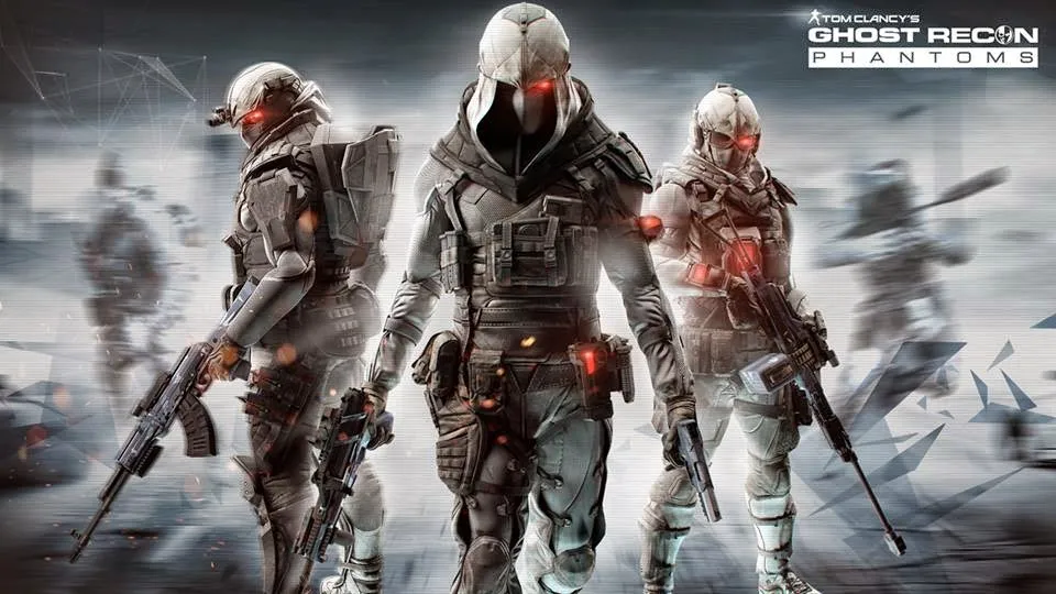 Esquadrão de três soldados Ghost Recon Phantoms com equipamento tático e visores vermelhos